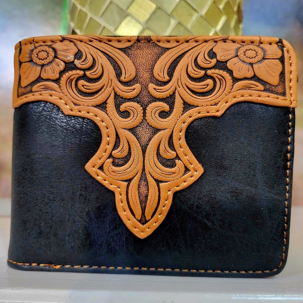 Montana West Wallet Floral Handtooled Men's Bifold Faux Leather Cowboy Black